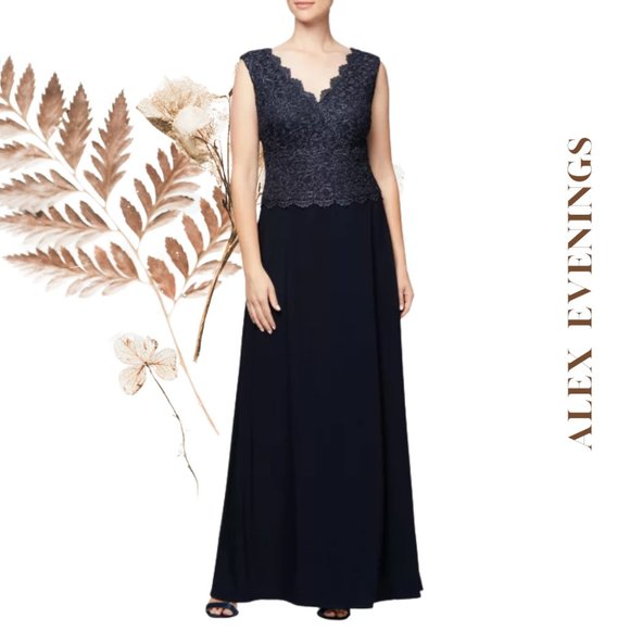 NWT Alex Evenings Surplice Neck Scallop A-Line Dress Navy Metallic Bodice Sz 12 - Picture 1 of 8